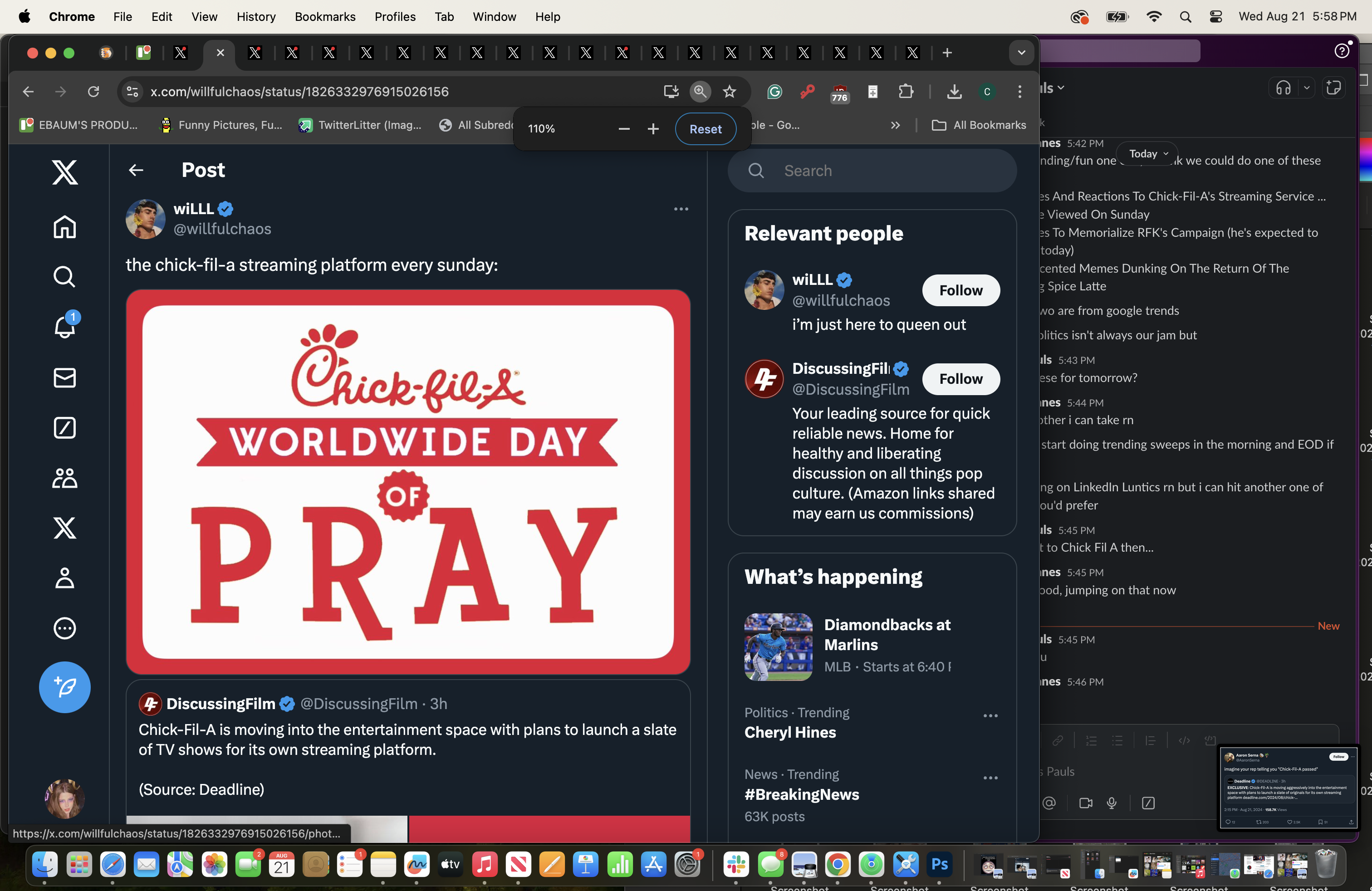 screenshot - Chrome File Edit View History Bookmarks Profiles Tab Window Help x.comwcsstatus1826332970015020156 Wed Aug Pm Baum'S Produ Fr X Post 28 X Do wILLLO Tag the chickfila streaming platform every sunday ChickfilA Worldwide Day Of Pray Search Relev